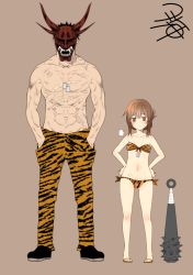 Rule 34 | 10s, 1boy, 1girl, abs, animal print, bikini, blush, boots, bow, bow bikini, brown eyes, brown hair, club (weapon), commentary request, dog tags, folded ponytail, front-tie bikini top, front-tie top, gluteal fold, hands in pockets, hands on own hips, inazuma (kancolle), kamio reiji (yua), kanabou, kantai collection, looking at viewer, mask, navel, oni mask, pants, sandals, scar, setsubun, topless male, side-tie bikini bottom, simple background, sketch, strapless, swimsuit, tiger print, tube top, weapon, yua (checkmate)