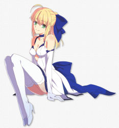 Rule 34 | 1girl, adapted costume, ahoge, artoria pendragon (all), artoria pendragon (fate), asaka (asa net21), bare shoulders, blonde hair, bow, breasts, choker, cleavage, dress, elbow gloves, fate/stay night, fate/unlimited blade works, fate (series), gloves, green eyes, hair bow, high heels, highres, legs, legs together, long hair, medium breasts, official alternate costume, official alternate hairstyle, ponytail, saber (fate), saber (pure night dress) (fate), shoes, sitting, smile, solo, thighhighs, thighs, white dress, white gloves, white thighhighs