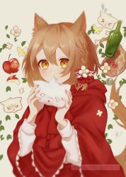 Rule 34 | 1girl, animal ear fluff, animal ears, apple, apple slice, artist name, basket, blurry, blush, bottle, bow, braid, closed mouth, coat, daisy, depth of field, eating, flower, food, fruit, hair between eyes, hair bow, hair flower, hair ornament, highres, holding, holding food, leaf, light brown hair, long sleeves, original, red bow, red coat, shirt, single braid, solo, tail, tail flower, tail ornament, upper body, watermark, white shirt, wolf ears, wolf girl, wolf tail, yellow background, yellow eyes, yugi yuzu