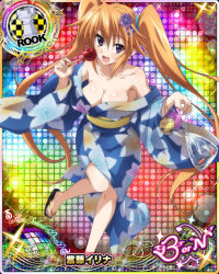 Rule 34 | 1girl, bikini, blush, breasts, card (medium), character name, chess piece, high school dxd, japanese clothes, kimono, large breasts, long hair, looking at viewer, official art, open mouth, orange hair, purple eyes, rook (chess), shidou irina, solo, swimsuit, trading card, twintails, very long hair