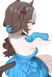 Rule 34 | 1girl, absurdres, animal ears, bare shoulders, blue dress, blue gloves, breasts, brown hair, choker, commentary request, dress, gloves, highres, horse ears, horse girl, horse tail, kumiyabe, long hair, medium breasts, simple background, sitting, sketch, solo, tail, umamusume, white background, white choker, yamanin zephyr (umamusume)