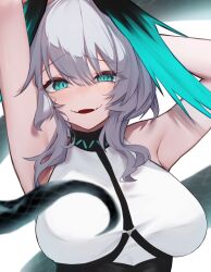 Rule 34 | 1girl, absurdres, arknights, arms up, blue eyes, blush, breasts, fangs, grey hair, hair between eyes, head wings, highres, ho&#039;olheyak (arknights), infection monitor (arknights), large breasts, looking at viewer, medium hair, open mouth, paid reward available, shirt, skin fangs, sleeveless, sleeveless shirt, snake tail, solo, tail, upper body, white shirt, wings, worimehl