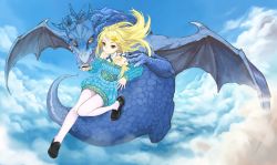 Rule 34 | above clouds, bare shoulders, blonde hair, blue sky, claws, cloud, day, detached collar, detached sleeves, dragon, dragon wings, dress, hair blowing, hair ornament, hand on another&#039;s shoulder, hatomugi seika, highres, holding, holding stylus, horns, loafers, long hair, looking at viewer, on animal, orange eyes, outstretched leg, pantyhose, pixiv, pixiv-tan, scales, shoes, sky, star (symbol), star hair ornament, stylus, sweater, sweater dress, talons, western dragon, white legwear, wings, yellow eyes