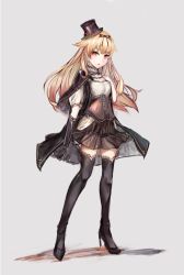 Rule 34 | 10s, 1girl, alternate costume, black cape, black footwear, black gloves, black thighhighs, blonde hair, boots, cape, corset, full body, gloves, grey background, hair flaps, hand on own chest, hat, high heel boots, high heels, highres, kantai collection, long hair, looking at viewer, mini hat, parted lips, red eyes, simple background, single glove, solo, thigh boots, thighhighs, top hat, unajuu, unajuu (set mk), yuudachi (kancolle), yuudachi kai ni (kancolle), zettai ryouiki