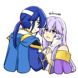 Rule 34 | 1boy, 1girl, bare shoulders, brother and sister, cape, circlet, dress, fire emblem, fire emblem: genealogy of the holy war, hand on another&#039;s cheek, hand on another&#039;s face, hands on another&#039;s wrists, julia (fire emblem), long hair, looking at another, nintendo, open mouth, purple eyes, purple hair, seliph (fire emblem), siblings, simple background, smile, yukia (firstaid0)