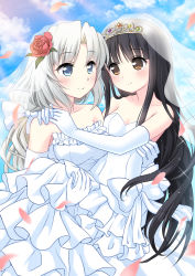 Rule 34 | 2girls, alternate costume, alternate hairstyle, bare shoulders, blue eyes, blue sky, blush, breasts, bridal veil, brown hair, carrying, cloud, commentary request, day, dress, elbow gloves, flower, gem, gloves, hair flower, hair ornament, hand on another&#039;s back, hands on another&#039;s shoulder, highres, houraisan kaguya, long hair, looking at another, medium breasts, multiple girls, outdoors, parted bangs, petals, ponytail, princess carry, red flower, red rose, rose, silver hair, sky, small breasts, smile, sparkle, strapless, strapless dress, tiara, touhou, usagi koushaku, veil, very long hair, wedding dress, white gloves, wife and wife, yagokoro eirin, yuri