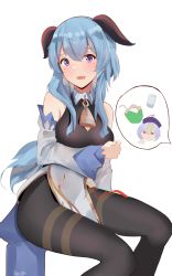 Rule 34 | 1girl, absurdres, bare shoulders, bell, black bodysuit, blue hair, blush, bodysuit, breasts, chibi, chibi inset, commentary, cowbell, d:, detached sleeves, english commentary, ganyu (genshin impact), gar32, genshin impact, highres, horns, large breasts, long hair, long sleeves, looking at viewer, neck bell, open mouth, pelvic curtain, purple eyes, qiqi (genshin impact), signature, simple background, solo focus, spoken character, white background, wide-eyed
