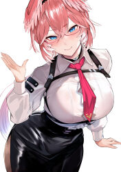 Rule 34 | 1girl, absurdres, blue eyes, blush, breasts, closed mouth, glasses, hair between eyes, hairband, hand up, head tilt, head wings, high-waist skirt, highres, holding, hololive, hoshara, large breasts, long sleeves, looking at viewer, multicolored hair, necktie, pink hair, red necktie, see-through, shirt, short hair, skirt, smile, solo, standing, takane lui, takane lui (1st costume), virtual youtuber, wet, wet clothes, wet shirt, white shirt, wings