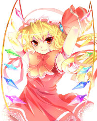 Rule 34 | 1girl, armpits, arms behind head, arms up, bad id, bad pixiv id, blonde hair, female focus, flandre scarlet, hat, highres, honchu, long hair, red eyes, side ponytail, sleeveless, smile, solo, touhou, wings