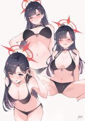 Rule 34 | 1girl, bare arms, bare legs, bare shoulders, bikini, black bikini, black choker, black hair, blue archive, blush, breasts, choker, closed eyes, closed mouth, grey background, grey eyes, hair ornament, hairclip, halo, hand on own hip, highres, ichika (blue archive), large breasts, long hair, multiple views, navel, red halo, sea nami, side-tie bikini bottom, signature, simple background, smile, swimsuit, tongue, tongue out