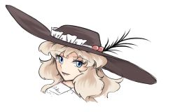 Rule 34 | blonde hair, blue eyes, brown hat, collared shirt, commentary request, dd tachibana, eyelashes, frilled hat, frills, hat, hat feather, jacket girl (dipp), long hair, open mouth, portrait, shirt, simple background, solo, touhou, white background, white shirt