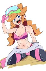 Rule 34 | 1girl, bikini, blue eyes, chicken-rib, glasses, gloves, highres, looking at viewer, midriff, nintendo, open mouth, orange hair, penny crygor, pink gloves, smile, solo, swimsuit, warioware