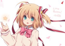 Rule 34 | 1girl, absurdres, ahoge, blush, brown hair, copyright name, green eyes, highres, kamikita komari, little busters!, long sleeves, looking at viewer, parted lips, red ribbon, ribbon, shenbei xiaoqiu, short hair, sketch, smile, solo, star (symbol), upper body