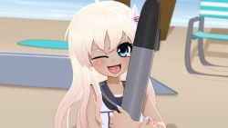 Rule 34 | 10s, 1girl, 3d, bare arms, bare shoulders, beach, beach chair, black one-piece swimsuit, blender (medium), blonde hair, blue eyes, commentary, day, flower, gs-mantis, hair flower, hair ornament, hibiscus, highres, holding, kantai collection, long hair, hugging object, ocean, one-piece swimsuit, one eye closed, open mouth, ro-500 (kancolle), saliva, school swimsuit, solo, swimsuit, swimsuit under clothes, tan, tanline, tongue, torpedo, upper body
