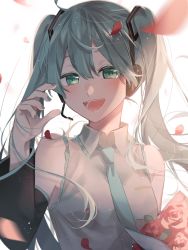 Rule 34 | 1girl, absurdres, blue eyes, blue hair, blue necktie, chio (akiciou), falling petals, flower, hatsune miku, headset, highres, looking at viewer, necktie, open mouth, petals, red flower, red rose, rose, solo, twintails, vocaloid