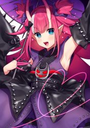 Rule 34 | 1girl, :d, arm up, armpits, bad id, bad pixiv id, black bow, black sleeves, blue eyes, blush, bow, breasts, commentary, detached sleeves, elizabeth bathory (fate), elizabeth bathory (japan) (fate), fang, fate/grand order, fate (series), hair between eyes, hair bow, hair ribbon, holding, holding umbrella, horns, japanese clothes, karokuchitose, kimono, long hair, long sleeves, multicolored hair, official alternate costume, oil-paper umbrella, oni horns, open mouth, pink hair, pointy ears, purple kimono, purple ribbon, purple umbrella, ribbon, sleeveless, sleeveless kimono, small breasts, smile, solo, streaked hair, symbol-only commentary, two side up, umbrella, very long hair, white background, white hair