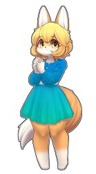 Rule 34 | 1girl, animal ears, blue dress, blush, bra strap, brown eyes, brown hair, closed mouth, collarbone, dress, fox ears, fox girl, fox tail, furry, furry female, highres, jupiter europe, looking at viewer, original, own hands clasped, own hands together, revision, short hair, smile, solo, tail