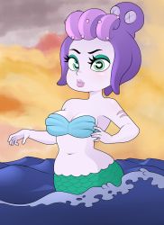 Rule 34 | 1girl, a rodjim, absurdres, blue eyes, breasts, cala maria (cuphead), colored skin, cuphead (game), giant, giantess, heart, heart-shaped pupils, highres, looking at viewer, mermaid, monster girl, navel, ocean, purple hair, rodjim, shell, shell bikini, sky, solo, symbol-shaped pupils, tentacle hair, water, white skin