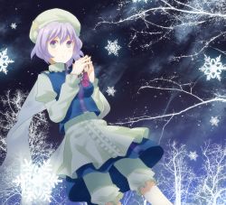 Rule 34 | 1girl, bare tree, dutch angle, female focus, from below, garigarigari, gradient eyes, hat, highres, letty whiterock, light purple hair, long sleeves, multicolored eyes, short hair, snowflakes, solo, steepled fingers, touhou, tree, turtleneck, winter