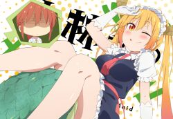 Rule 34 | 2girls, ascot, blonde hair, breasts, brown hair, collared shirt, dragon girl, dragon horns, dragon tail, elbow gloves, eyelashes, frown, glasses, gloves, green scales, horns, kobayashi-san chi no maidragon, kobayashi (maidragon), maid, maid headdress, medium breasts, multiple girls, necktie, ogebo go, one eye closed, orange eyes, red ascot, shaded face, shirt, short sleeves, sitting, slit pupils, smile, tail, tohru (maidragon), tongue, tongue out, twintails, white gloves, white shirt, yellow necktie