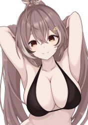 Rule 34 | 1girl, ahoge, arms up, bikini, black bikini, breasts, brown eyes, brown hair, butabanahanafukku, collarbone, crossed bangs, feather hair ornament, feathers, hair between eyes, hair ornament, hairclip, highres, hololive, hololive english, large breasts, light blush, long hair, looking at viewer, nanashi mumei, simple background, smile, solo, swimsuit, upper body, virtual youtuber, white background