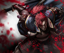 Rule 34 | 1boy, armor, blood, blood on face, blood splatter, blurry, commentary request, commission, evil grin, evil smile, fate (series), grin, hair over one eye, holding, holding weapon, japanese armor, japanese clothes, kasei yukimitsu, koha-ace, kusazuri, long hair, looking at viewer, male focus, mori nagayoshi (fate), orange eyes, ponytail, red hair, skeb commission, slit pupils, smile, solo, teeth, weapon