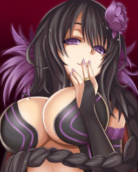 Rule 34 | 10s, 1girl, black hair, braid, breasts, bridal gauntlets, bursting breasts, center opening, cleavage, cloak, covering own mouth, elsa granhilte, flower, gradient background, hair between eyes, hair flower, hair ornament, hand over own mouth, head tilt, highres, large breasts, long hair, looking at viewer, mole, mole under eye, nail polish, naughty face, parted lips, purple eyes, purple flower, purple nails, re:zero kara hajimeru isekai seikatsu, red background, smile, sogegin, solo, two-sided cloak, two-sided fabric, upper body
