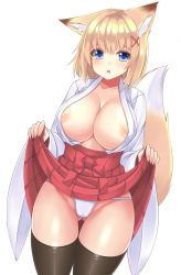 Rule 34 | 1girl, animal ears, areola slip, black thighhighs, blonde hair, blue eyes, blush, breasts, clothes lift, collarbone, covered erect nipples, fox ears, hair ornament, hakama, hakama short skirt, hakama skirt, highres, japanese clothes, large breasts, looking at viewer, open mouth, original, panties, short hair, simple background, skirt, skirt lift, sogaya, solo, tail, thighhighs, underwear, white background, white panties, wide sleeves