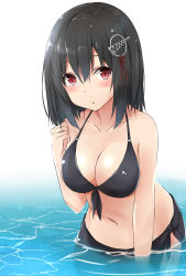 Rule 34 | 10s, 1girl, :o, alternate costume, bare arms, bare shoulders, bikini, bikini top only, black bikini, black hair, black ribbon, blush, breasts, cleavage, collarbone, front-tie bikini top, front-tie top, haguro (kancolle), hair between eyes, hair ornament, hairpin, highres, kantai collection, leaning forward, looking at viewer, medium breasts, navel, parted lips, partially submerged, red eyes, ribbon, saku (kudrove), sarong, short hair, solo, stomach, swimsuit, water