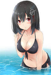 10s 1girl :o alternate_costume bare_arms bare_shoulders bikini bikini_top_only black_bikini black_hair black_ribbon blush breasts cleavage collarbone female_focus front-tie_bikini_top front-tie_top haguro_(kancolle) hair_between_eyes hair_ornament hairpin highres kantai_collection leaning_forward looking_at_viewer medium_breasts navel parted_lips partially_submerged red_eyes ribbon saku_(kudrove) sarong short_hair solo stomach swimsuit water