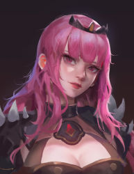 Rule 34 | 1girl, breasts, cleavage, highres, hololive, hololive english, long hair, looking at viewer, mori calliope, parted lips, pink eyes, pink hair, pink lips, portrait, smile, solo, upper body, virtual youtuber, wuya tian
