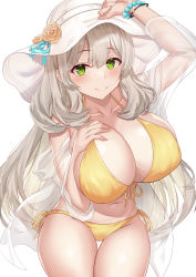 Rule 34 | 1girl, absurdres, bikini, blue archive, blush, breasts, cleavage, closed mouth, deogho (liujinzy9854), flower, green eyes, hand on headwear, hand on own chest, hat, hat flower, highres, jacket, korean commentary, large breasts, light brown hair, long hair, looking at viewer, navel, nonomi (blue archive), nonomi (swimsuit) (blue archive), see-through, see-through jacket, side-tie bikini bottom, simple background, smile, solo, standing, sun hat, swimsuit, very long hair, white background, yellow bikini