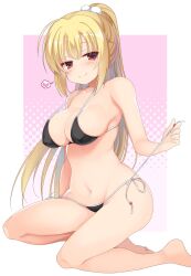 Rule 34 | 1girl, arihara nanami, arm at side, bare legs, bare shoulders, barefoot, bikini, black bikini, blonde hair, blush, breasts, cleavage, closed mouth, collarbone, commentary, covered erect nipples, english commentary, eyelashes, fingernails, full body, groin, hair between eyes, hand up, highres, holding, holding ribbon, large breasts, legs, long hair, looking at viewer, midriff, navel, pink background, polka dot, polka dot background, pom pom (clothes), ponytail, red eyes, ribbon, ribbon-trimmed bikini, riddle joker, seductive smile, seiza, sidelocks, simple background, sitting, skindentation, smile, solo, stomach, swimsuit, tatsuya (trypaint), thighs, toes, very long hair, white background