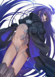 Rule 34 | 1girl, black jacket, commentary request, crotch plate, fate/extra, fate/extra ccc, fate (series), groin, hair between eyes, hands up, head tilt, highres, jacket, juliet sleeves, long hair, long sleeves, looking at viewer, meltryllis (fate), navel, puffy sleeves, purple eyes, purple hair, simple background, sleeves past fingers, sleeves past wrists, solo, tuchinokoeffect, very long hair, white background
