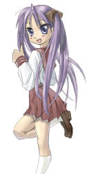 Rule 34 | 00s, 1girl, blue eyes, blush, eyebrows, hiiragi kagami, kneehighs, leg up, long hair, long sleeves, looking at viewer, lucky star, open mouth, purple hair, red skirt, school uniform, serafuku, shoes, simple background, skirt, smile, socks, solo, thumbs up, twintails, white background, white socks, you2