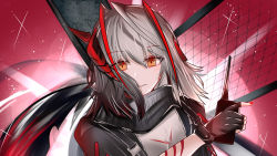 Rule 34 | 1girl, antennae, arknights, black jacket, black scarf, chain-link fence, controller, demon horns, detonator, fence, grey hair, grey shirt, hair between eyes, highres, holding, holding remote control, horns, jacket, looking at viewer, medium hair, open clothes, open jacket, orange eyes, parted lips, red background, remote control, scar, scar on arm, scarf, shirt, simple background, solo, tudili, w (arknights)