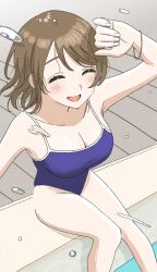 Rule 34 | blue eyes, blush, breasts, brown hair, cleavage, dunchy, highres, legs, love live!, love live! sunshine!!, one-piece swimsuit, pool, school swimsuit, short hair, smile, solo, swimsuit, thighs, watanabe you, wavy hair