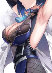 Rule 34 | 1girl, absurdres, armpits, arms up, black gloves, blue hair, breasts, closed mouth, coat, elbow gloves, fishnets, from side, fur-trimmed coat, fur trim, genshin impact, gloves, head out of frame, highres, large breasts, open clothes, open coat, short hair, simple background, skai kun, sleeveless, solo, tassel, white background, white coat, yelan (genshin impact)