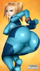 Rule 34 | 1girl, artist name, ass, ass focus, blonde hair, blue bodysuit, blue eyes, bodysuit, breasts, cameltoe, cleft of venus, from behind, frown, highres, huge ass, large breasts, lips, long hair, looking at viewer, looking back, metroid, nintendo, ponytail, restrained, samus aran, skin tight, solo, thepixelbuster, thick thighs, thighs, zero suit