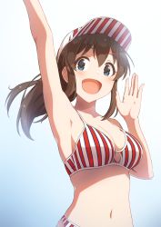 Rule 34 | 1girl, :d, amochin, arm up, armpits, bare shoulders, baseball cap, bikini, blue background, blue eyes, blush, breasts, brown hair, cleavage, collarbone, gradient background, hat, highres, idolmaster, idolmaster million live!, long hair, medium breasts, multicolored bikini, multicolored clothes, navel, open mouth, satake minako, sidelocks, smile, solo, stomach, striped bikini, striped clothes, striped headwear, swimsuit, tareme, upper body, vertical-striped bikini, vertical-striped clothes, waving, white background