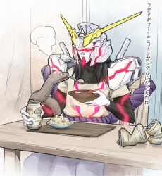 Rule 34 | 1boy, armor, belt, black eyes, black hair, bowl, breath, can, chair, cluseller, colored sclera, colored skin, cosplay, drink, drink can, feeding, food, glowing, gundam, gundam unicorn, hand up, helmet, holding, indoors, japanese text, layered sleeves, long hair, long sleeves, male focus, mouth hold, naruto, naruto (series), neon trim, open mouth, orochimaru (naruto), plate, rope, shirt, short over long sleeves, short sleeves, shoulder armor, sitting, slit pupils, snake, soda can, solo, soup, spoon, table, translation request, unicorn gundam, unicorn gundam (cosplay), what, white skin, yellow sclera, yellow shirt