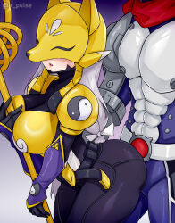 Rule 34 | 1boy, 1girl, absurdres, armor, ass, belt, breasts, couple, digimon, grinding, highres, imminent penetration, justimon, large breasts, sakuyamon, yin yang