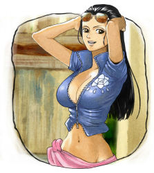 Rule 34 | 1girl, arms behind head, arms up, black hair, blue shirt, breasts, brown eyes, center opening, cleavage, crop top, eyewear on head, floral print, flower, glasses, groin, hair slicked back, large breasts, long hair, lowleg, midriff, navel, nico robin, no bra, one piece, open clothes, open mouth, open shirt, pink skirt, revealing clothes, sabaody archipelago, sarong, shirt, short sleeves, skirt, smile, solo, sunglasses, suyu38, teeth, unzipped, upper body, zipper
