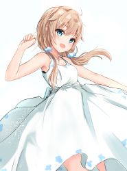 Rule 34 | 1girl, :d, absurdres, ahoge, aqua eyes, bare arms, bare shoulders, blush, breasts, brown hair, dress, hair between eyes, hair ornament, hand up, highres, liver city, long hair, looking at viewer, low twintails, mashiro kuma, na kyo, open mouth, sleeveless, sleeveless dress, small breasts, smile, solo, twintails, virtual youtuber, white background, white dress
