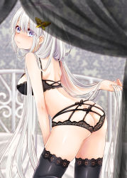Rule 34 | 1girl, ahoge, ass, bare shoulders, bed, black bra, black panties, blue eyes, blush, bra, breasts, butterfly hair ornament, closed mouth, commentary request, from side, hair between eyes, hair ornament, hairclip, highres, kizuna akari, lace, lace-trimmed legwear, lace-trimmed panties, lace bra, lace panties, lace trim, leaning forward, lingerie, long hair, looking at viewer, medium breasts, panties, shoulder blades, sidelocks, silver hair, solo, underwear, underwear only, very long hair, voiceroid, yamada sakura