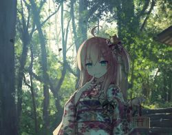 Rule 34 | 1girl, ahoge, alternate costume, bell, blue eyes, closed mouth, commentary, day, falling leaves, finger to mouth, floral print, forest, hair bell, hair between eyes, hair ornament, hair ribbon, hololive, index finger raised, japanese clothes, kimono, koyuki ekaki, leaf, long hair, looking at viewer, nature, obi, outdoors, pink hair, ribbon, sakura miko, sash, seigaiha, side ponytail, smile, solo, upper body, virtual youtuber, x hair ornament