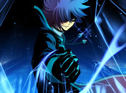Rule 34 | 1boy, blue hair, clenched hand, fairy tail, foreshortening, gloves, ice, jellal fernandes, lens flare, magic, male focus, smile, solo