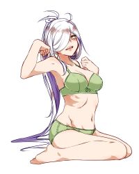 Rule 34 | 1girl, asashimo (kancolle), barefoot, bra, breasts, cleavage, full body, green bra, green panties, grey eyes, groin, hair over one eye, highres, hourai kochou, kantai collection, navel, open mouth, panties, ponytail, sharp teeth, silver hair, simple background, sitting, solo, teeth, underwear, underwear only, wariza, white background