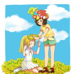 Rule 34 | 2girls, bad id, bad twitter id, beanie, blonde hair, blush, brown hair, closed eyes, cloud, comfey, commentary request, creatures (company), day, flower, game freak, gen 7 pokemon, green shorts, hat, head wreath, holding, lillie (pokemon), long hair, looking down, multiple girls, nintendo, outdoors, pleated skirt, pokemon, pokemon (creature), pokemon sm, popcorn 91, red headwear, selene (pokemon), shirt, shoes, short sleeves, shorts, sitting, skirt, sky, smile, standing, tied shirt, yellow flower, yellow shirt, z-ring