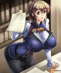Rule 34 | 1girl, absurdres, ascot, braid, breasts, brown hair, desk, goblin slayer!, green eyes, guild girl (goblin slayer!), haganef, highres, huge breasts, indoors, looking at viewer, open mouth, paid reward available, pencil skirt, shirt, single braid, skirt, solo, tagme, taut clothes, taut shirt, yellow ascot